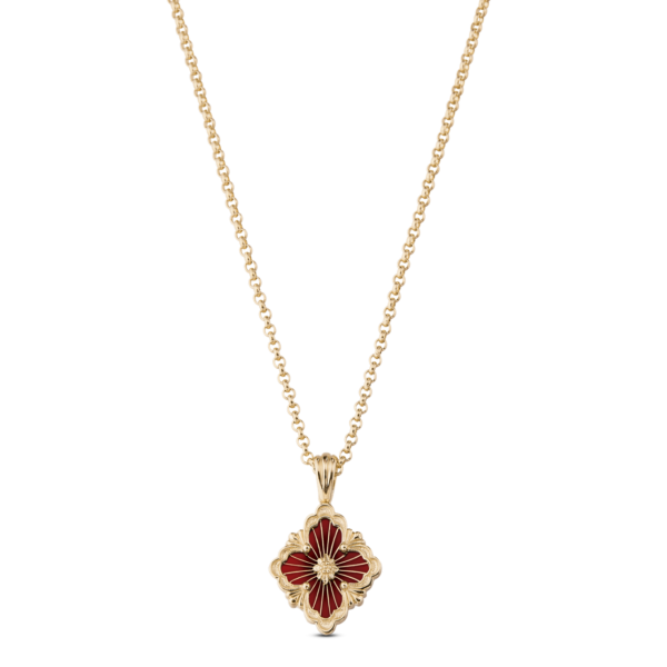 BUCCELLATI. OPERA TULLE PENDANT IN YELLOW GOLD WITH RED ENAMEL