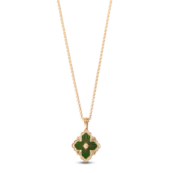 BUCCELLATI. OPERA TULLE PENDANT IN YELLOW GOLD WITH GREEN ENAMEL