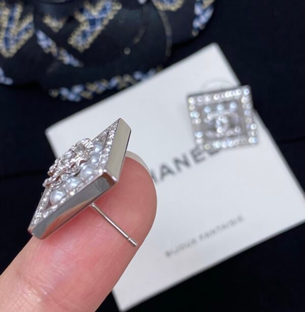 CHANEL. Pavé Diamond & Pearl Square Stud Earrings