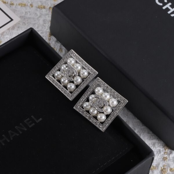 CHANEL. Pavé Diamond & Pearl Square Stud Earrings