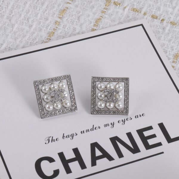 CHANEL. Pavé Diamond & Pearl Square Stud Earrings