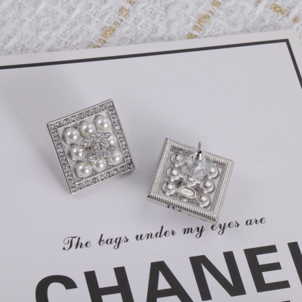 CHANEL. Pavé Diamond & Pearl Square Stud Earrings