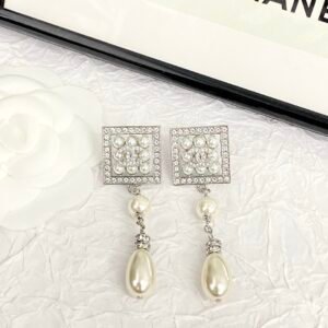CHANEL. Pavé Diamond Square Teardrop Pearl Earrings