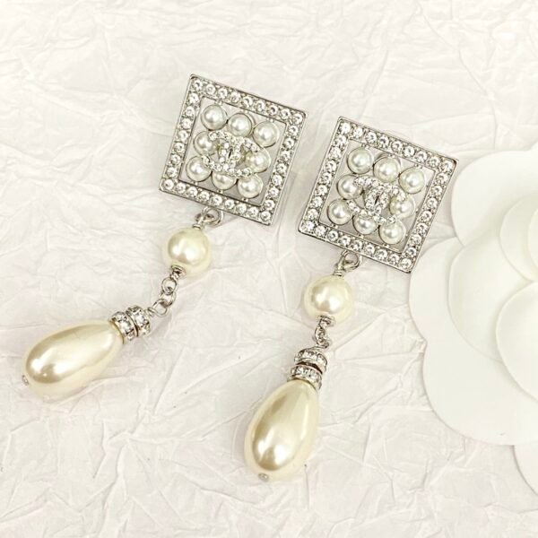 CHANEL. Pavé Diamond Square Teardrop Pearl Earrings