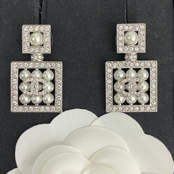 CHANEL. Pavé Diamond & Pearl Perfume Bottle Stud Earrings